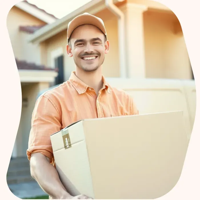 Two removalists moving boxes up stairs