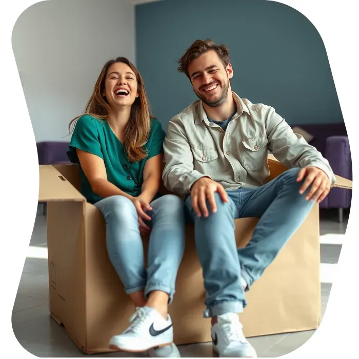 Two guys sitting on the floor of their apartment with Muval moving boxes